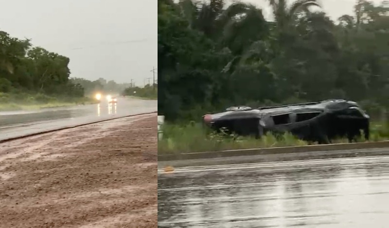 Carro capota na rodovia AM-070 durante chuva intensa