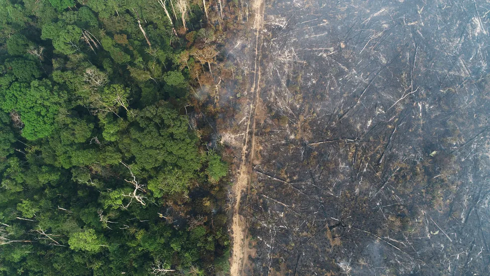 Vista aérea mostra área queimada em região das terras indígenas mais desmatadas no Amazonas perto de Apuí