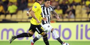 Jogadores do Botafogo comemoram gol no empate pela Pré-Libertadores contra o Barcelona de Guayaquil no Estádio Monumental.