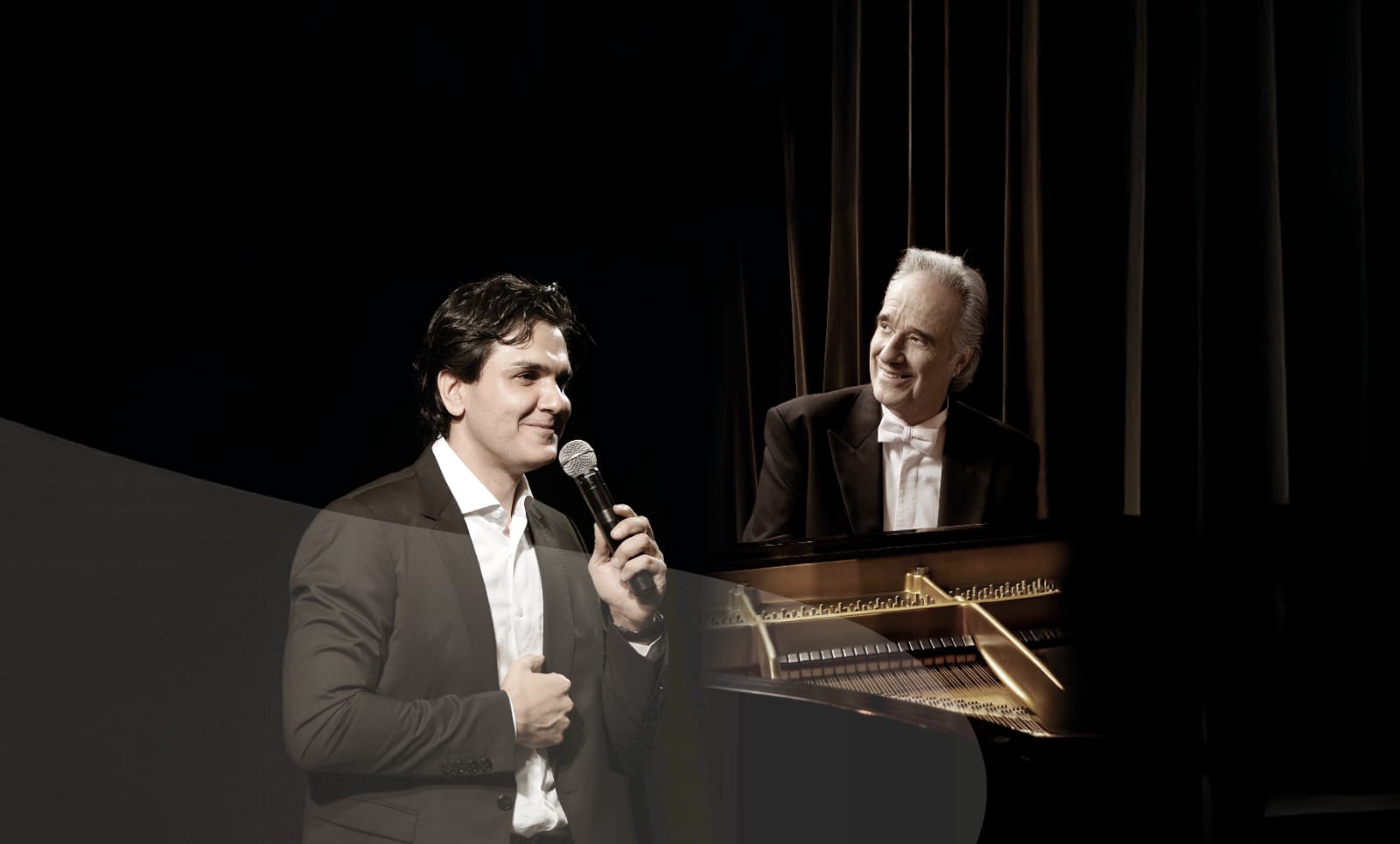 Maestro João Carlos Martins e escritor Gabriel Chalita durante apresentação do espetáculo O Pianista e o Poeta.
